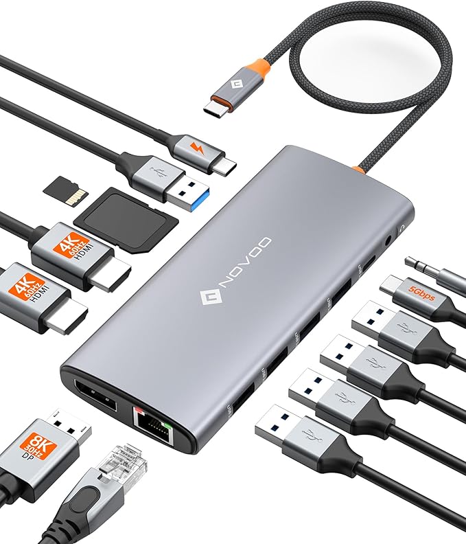 NOVOO USB C Docking Station Dual Monitor for Laptop 14 in 1 Hub Adapter Thunderbolt 3 to Dual 4K60 HDMI+8K30 DP USB C/A Data 100W PD RJ45 SD/TF