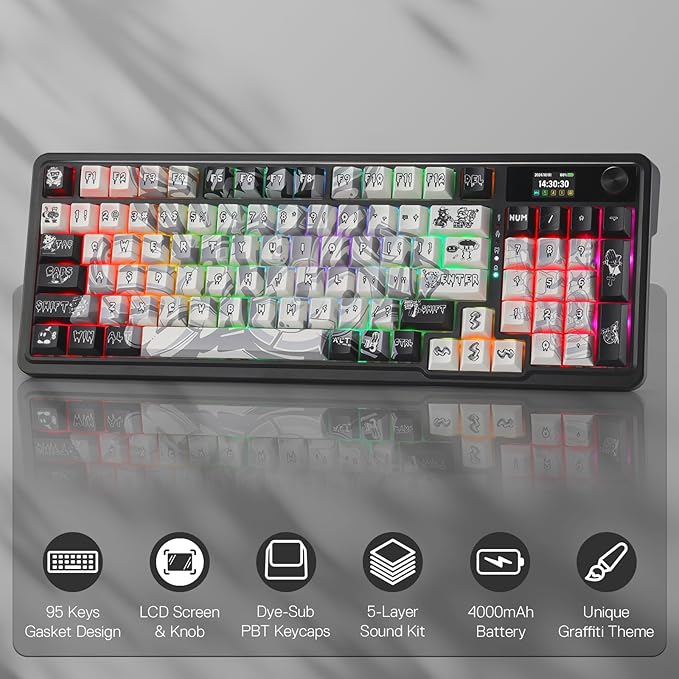 Redragon K719 PRO Wireless Gasket Gaming Keyboard w/Hype Screen &amp Knob 95 Keys Mechanical Keyboard Easy-Control 1.14’’ TFT Info Display 5-Layer Noise Dampening Street Graffiti Dye-Sub PBT Keyc