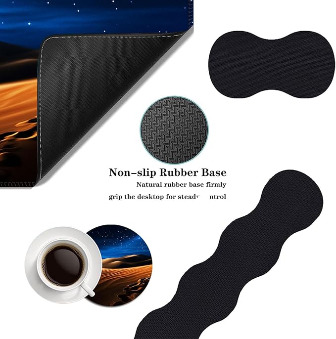 Mouse PadLarge Desk Mat Set 4in1 XL Mousepad + Keyboard Wrist Rest+Mouse Wrist Rest+Coaster with Ergonomic Desk Pad for Home Office Table Computer Cover -Desert Dunes Under Starry Sky