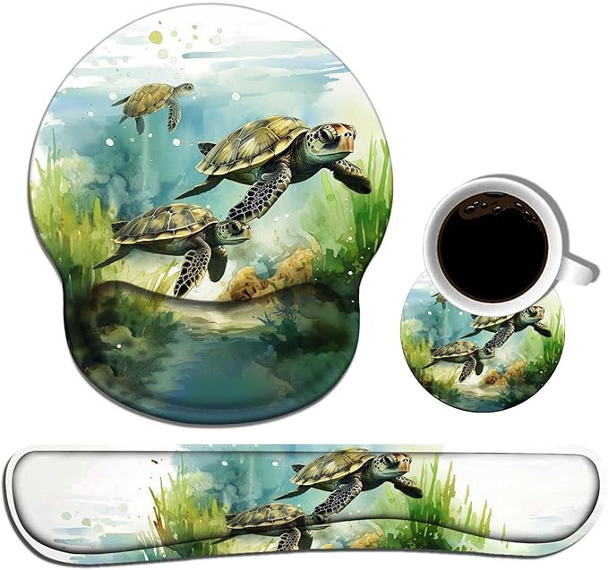 Keyboard Wrist Rest and Mouse Pad Wrist Support Set with Coasters Non-Slip PU Base Ergonomic Gaming Mousepad for Home Office Working Studying Easy Typing &amp Pain Relief - Sea Turtle