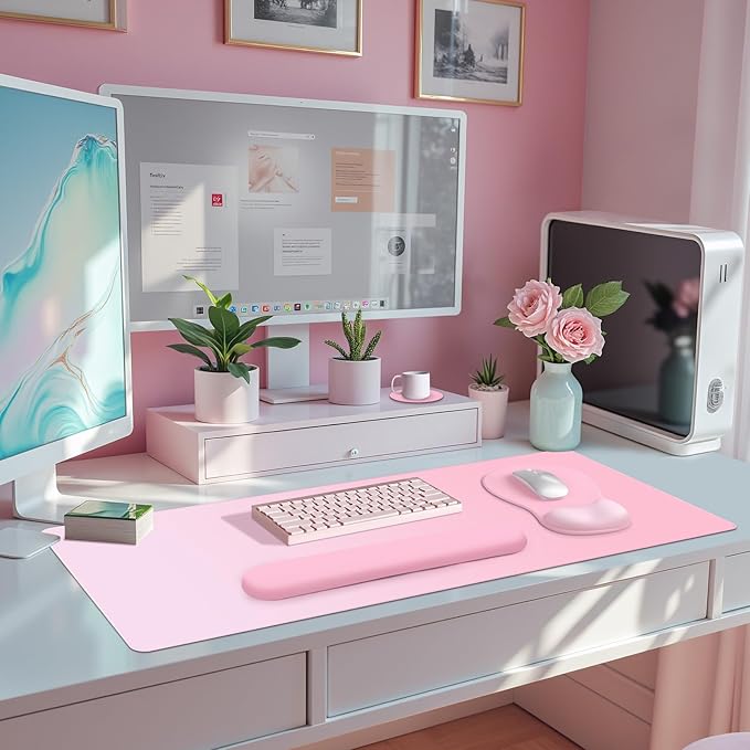 4-in-1 Large Gaming Mouse Pad Keyboard Wrist Rest Pad &amp Wrist Support Mousepad Set Extended Desk Pad Waterproof Desk Mat for Girl Women Home Office Decor Study Game 35.4×15.7 Inches I Soft Pink