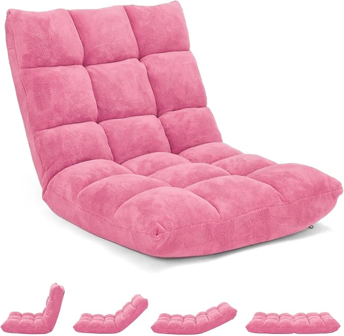 MAT EXPERT Floor Chair with Back Support Floor Gaming Chair w/ 14 Adjustable Position Soft Coral Fleece&ampAlloy Steel Frame Foldable Padded Lazy Couch Recliner for Meditating (Pink Large)