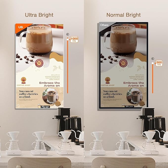 Digital Signage Display 50 inch Wall Mount Digital Menu Board for Restaurants and Stores Advertising Screen 1000 nits Ultra-High Brightness 4K UHD Free Web Content Editor Android 4GB + 32GB