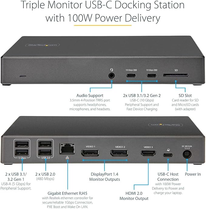 StarTech.com USB C Triple 4K Monitor Docking Station - 100W Power Delivery - DP 1.4 Alt Mode &amp DSC 2 DisplayPort/HDMI 2.0-6 USB (2 at 10Gbps) SD - Windows/Chrome (DK31C2DHSPD) - Black &amp Spac