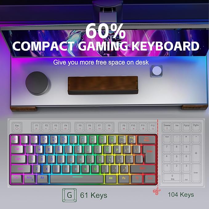 Snpurdiri 60% Wired Gaming Keyboard RGB Backlit Ultra-Compact 61 Keys 60 Percent Mini Gaming Keyboard for PC/Mac Gamer Typist Travel Easy to Carry on Business Trip(Iron Grey)