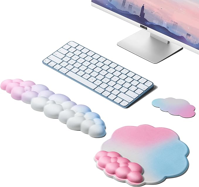 OUEST Cloud Wrist Rest Keyboard and Mouse Pad with Cute Ergonomic Memory Foam Non-Slip PU Base for Computer Mac Laptop Office Gaming-Orange/Blue/Pink