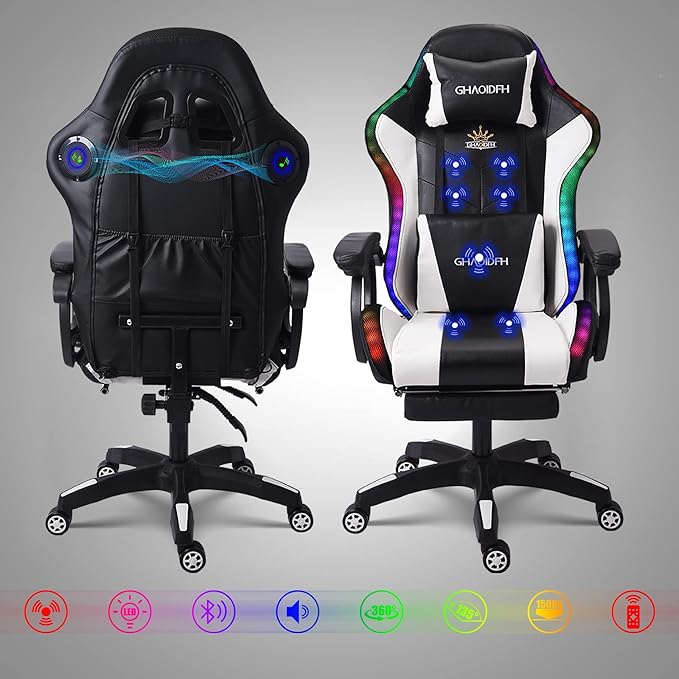Ergonomic Gaming Chair with Footrest and Lumbar Support Video Gaming Chair with Speaker and LED Light Gaming Chair with Full Massage Function 90°-135° Tilting Computer Chair.White