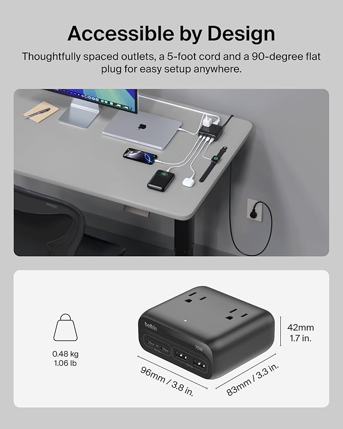 Belkin GaN Charging Station 70W 7-in-1 Dual USB C Charger w/ 3X AC Outlets 2X USB A Ports - Power Strip for iPhone Apple Watch iPad MacBook Chromebook Samsung Galaxy Pixel 10 &amp More - Bla