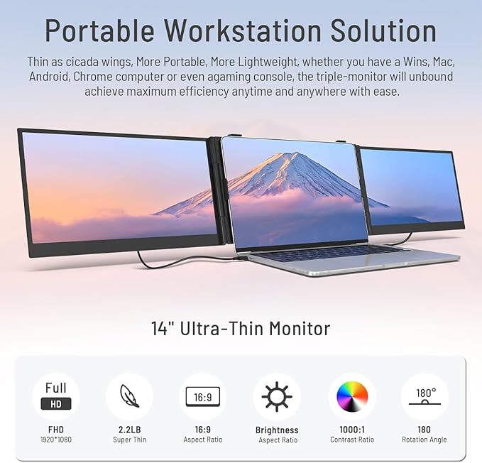 14 Triple Laptop Screen Extender 1080P FHD IPS Ultra-Slim Portable Dual Monitor for Laptop USB C HDMI Plug-Play Monitor Extender for Triple Display for MacOS/Windows Fits 13-17.3 Laptops