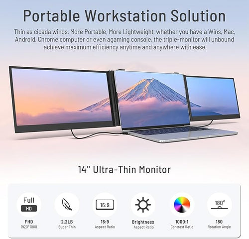 14 Triple Laptop Screen Extender 1080P FHD IPS Ultra-Slim Portable Dual Monitor for Laptop USB C HDMI Plug-Play Monitor Extender for Triple Display for MacOS/Windows Fits 13-17.3 Laptops