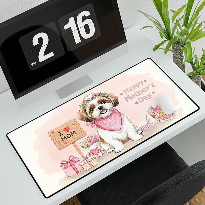 Happy Mother's Day Shih Tzu Love Dog Mom Heart Flower Desk Mat Full Keyboard Mouse Pad Lion Dog Lover Gifts Large Mousepad 12004