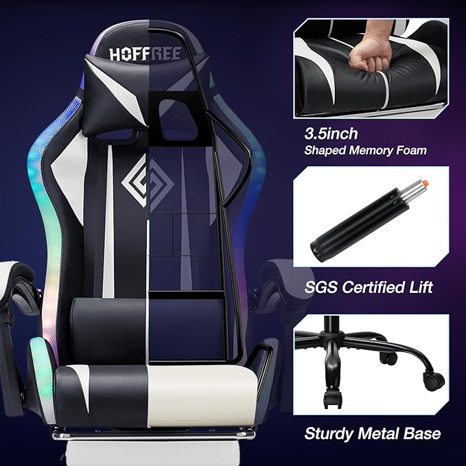 HOFFREE Gaming Chair Massage with LED RGB Lights and Footrest Ergonomic Computer Chair High Back Video Game Chair with Adjustable Lumbar Support Linkage Armrest White and Black