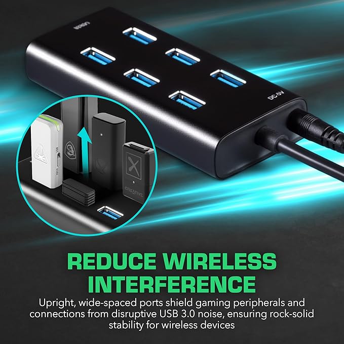 Rebuff Reality 7 Port USB Hub Dongle USB 3.0 Hub for Wireless Interference Reduction for Gaming Stable Connection &amp Lag-Free for Mouse Keyboard Headset Compatible with PC Mac Xbox PlayStat