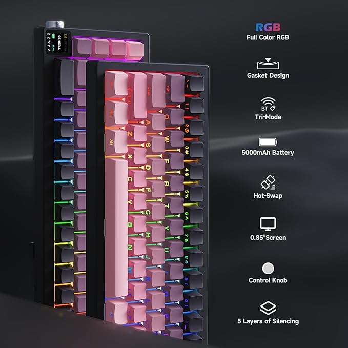 AJAZZ AK650 65% Layout Hot Swappable Gaming Mechanical Keyboard 0.85” TFT Color Display|Knob | Wired | Wireless 2.4G (Side Engraved Pink)