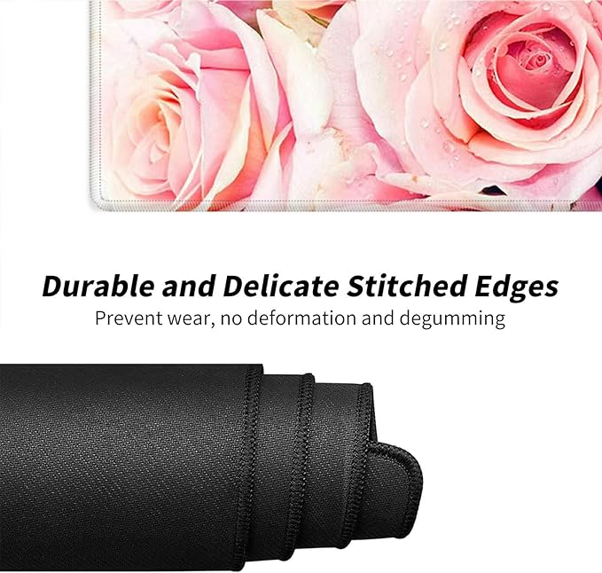 Desk Pad Mat Large Mouse Pad XL Extended Mousepad Gaming with Pink Rose 31.5 *11.8 Huge Mouse Pads for Computer Laptop Home Office + Cup Coaster
