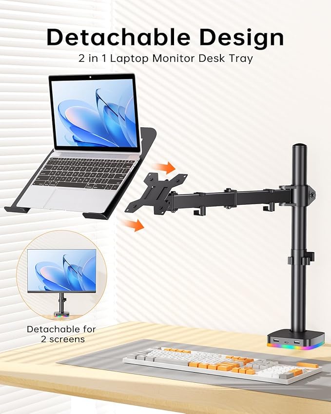 RGB 2 in 1 Laptop Monitor Desk Tray with 3 USB Ports Charging and USB Data Transfer Adjustable laptop stand for 13 to 32 Screen and 11-17” Laptop Holds 18lbs/Arm 75x75/100x100 VESA C-Clamp