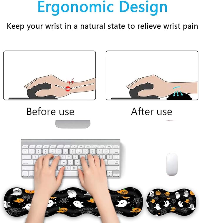 Keyboard Wrist Rest SetMemory Foam Wrist Support Mouse Pad31.5x11.8 Desk Mat for Comfortable Typing &amp Pain ReliefNon-Slip Base for Office &amp Home Use - Pumpkins and Bats