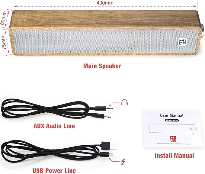 MICA Computer Speakers Vintage Wired Computer Sound Bar Retro Wooden Mini Soundbar USB Powered PC Speakers for Desktop Monitor Laptop Tablet 3.5mm Aux Connection Angled (Yellow)