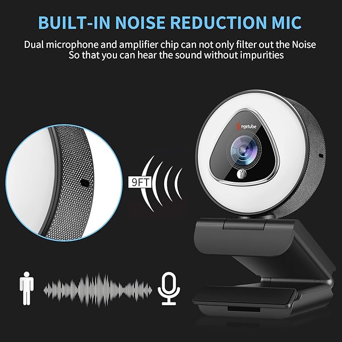Angetube Streaming Webcam with Ring Light - 1080P Autofocus Computer Camera with Microphone Adjustable Brightness Digital Zoom Webcams for Xbox Twitch Gaming USB PC Web Camera for PC Laptop Desktop
