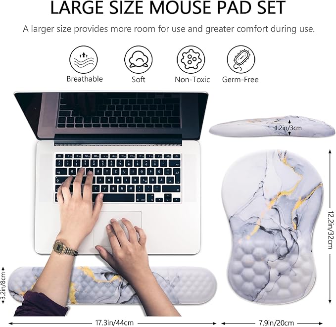 Mouse Pad Wrist Support Laokiiy 2 in1 Keyboard Wrist Rest+ Ergonomic Mouse Pad Non-Slip Wrist Rest for Computer Keyboard Made Easy Typing &amp Relieve Wrist Pain(White Gold Gray Marble)