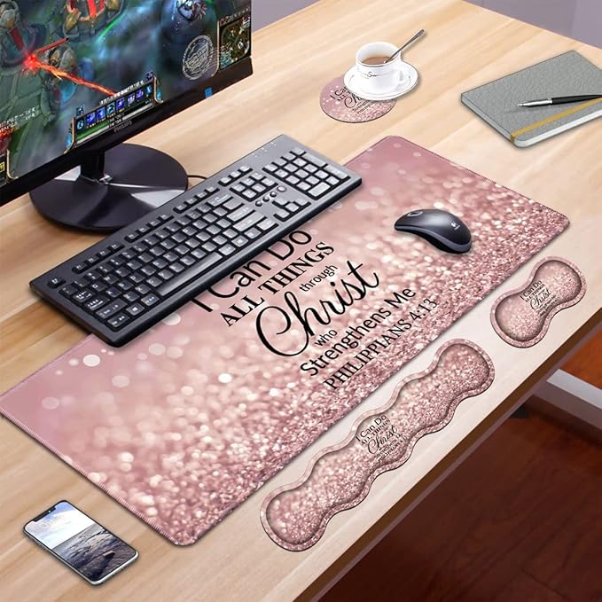 Ergonomic Keyboard Wrist Rest &amp Mouse Pad Wrist Rest SetLarge XXL Gaming Desk Mat 31.5x 11.8 Non-Slip BaseMemory Foam Easy Typing Pain Relief for Office &amp HomeQuote Bible Verse Philippi