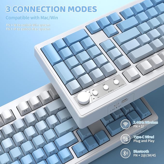 ZIYOU LANG K100 Wireless Gaming Keyboard99 Keys Tri-Mode BT/2.4GHz/USB-C Creamy Color Keyboard with Number Pad RGBMedia Knob Custom Programmable Computer Keyboards for PC/Mac/Xbox (Blue)
