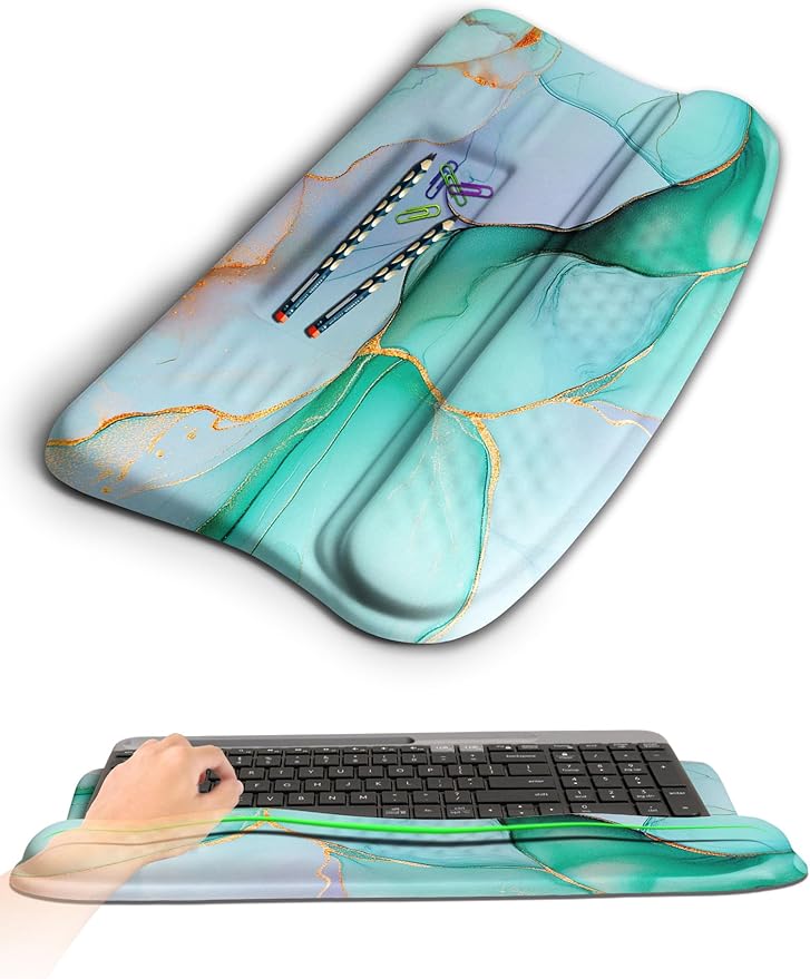 Ergonomic Wave Wrist Rest with Keyboard Stand Cushioned Palm Rest Comfortable Integrated Memory Foam for Natural Typing and Relieve Wrist Pain Green Gold Marble