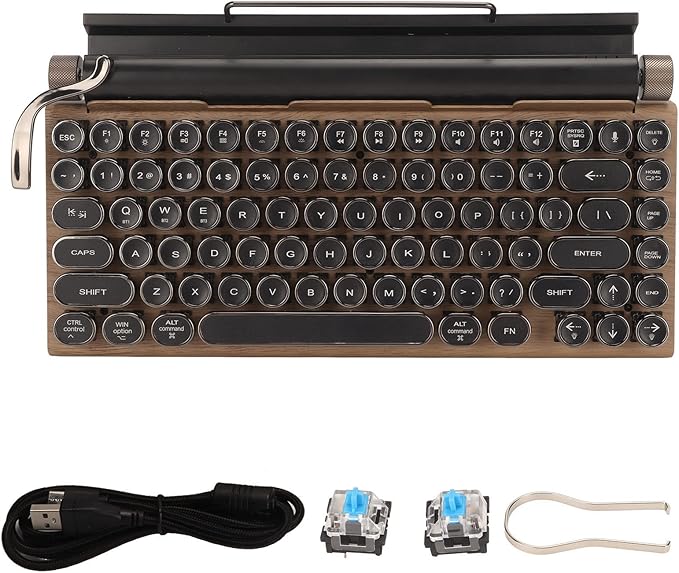 Sanpyl Retro Typewriter Keyboard 83 Keys Vintage Bluetooth Mechanical Keyboard Blue Gaming Keyboards for Desktop PC Laptop (Wood Grain Color)