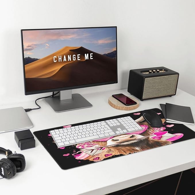 Cute Highland Cow with Bow Heart Glasses Mouse Pad Non Slip Large Desk Keyboard Mat Gaming Protection Pad 16X29.5 Inch
