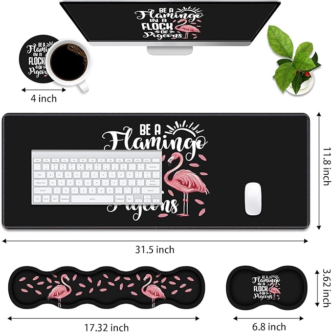 Ergonomic Memory Foam Mouse Pad Wrist Rest Set Be a Flamingo in a Flock Pigeons Inspirational Quote Large Desk Pad + Keyboard Wrist Rest + Mouse Wrist Cushion + Coaster for Home Office Study Gaming