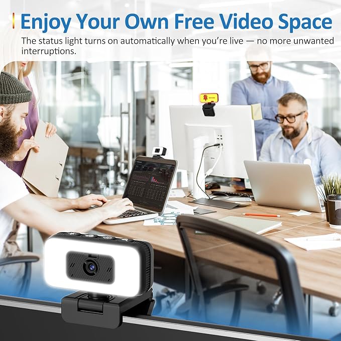 2K Webcam for Laptop Computer Camera with Light for PC/Desktop/Mac [Light Your Face Free Your Space] USB Webcam with Auto Anti-Disturb Backlight Zoom &amp Flip Privacy Cover Microphone