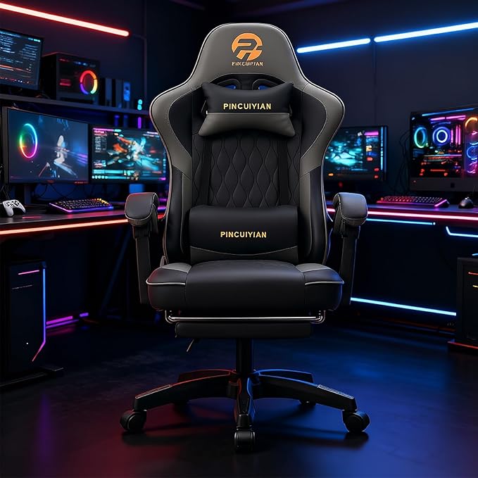 Ergonomic Gaming Chair with Footrest and Lumbar Support High Back Reclining PU Leather Computer Chair with Headrest and Linkage Armrests Swivel Height Adjustable Office Gamer Chair for Adults (grey)