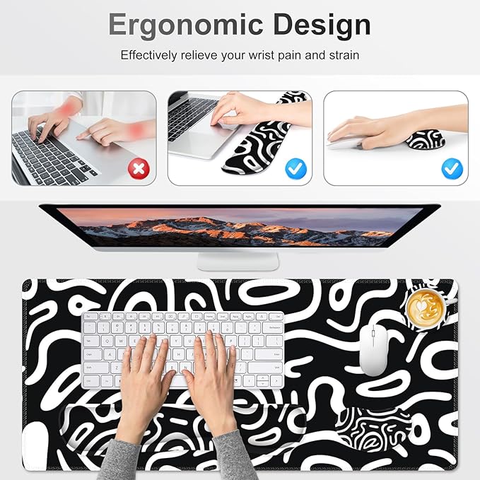 Large Gaming Mouse Pad Set 4 in 1 Extended Keyboard Desk Mat with Wrist Rest Computer Game Mousepad Non-Slip Desk Pad Easy Typing Pain Relief for Home Office I Black White Topographic