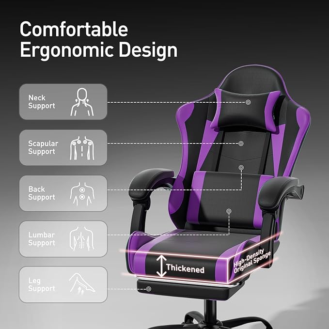 MoNiBloom Gaming Chair Office Chair Leather High Back Computer Chair with Headrest and Lumbar Support 360° Swivel Ergonomic Footrest Adjustable Gamer Chair for Adult Teen Home Office Using Purple
