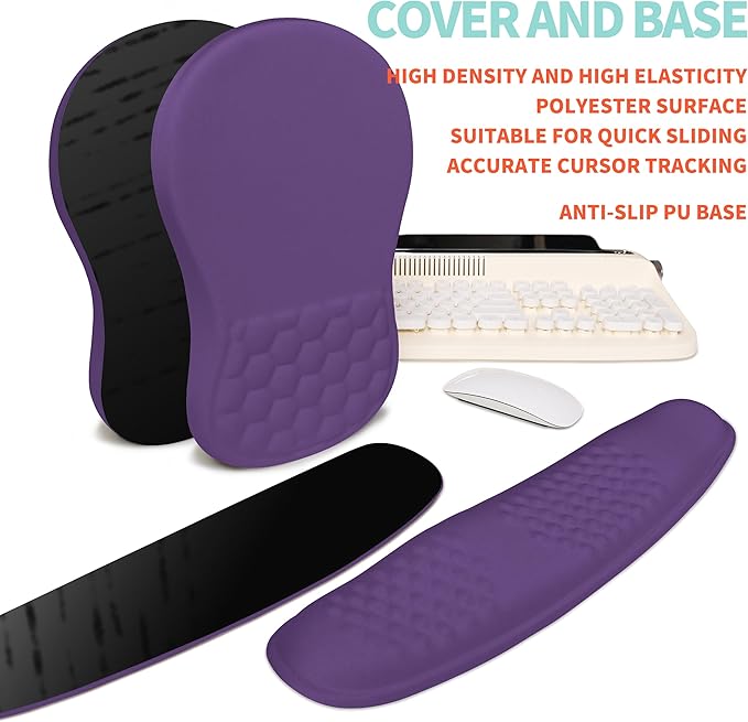 2-in-1 Ergonomic Set Wave Rise Keyboard Wrist Rest and Massage Bulge Slope Mouse Pad Wrist Support Cushion Memory Foam Integrated to Relieve Wrist Pain Dark Purple