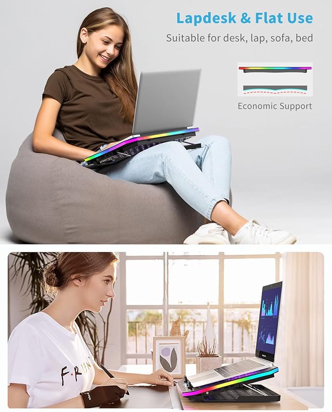 Laptop Cooling Pad KeiBn RGB Laptop Cooler for 15.6-17.3 Inch Laptops with 10 Modes Lights | 6 Fans | 7 Height Stands | 2 USB Ports | Desk or Lap Use (A8/Purple)