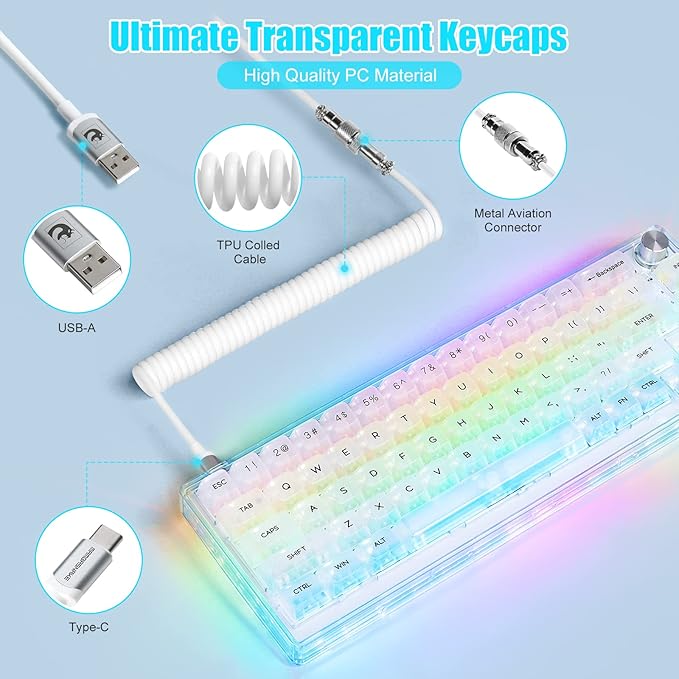 MAGIC-REFINER MK31 60% Wired Hot Swappable Mechanical Keyboard with Transparent Keycaps Compact 66 Keys Chroma RGB Backlit Ergonomic Custom Gaming Keyboard Knob Control for PC/MAC