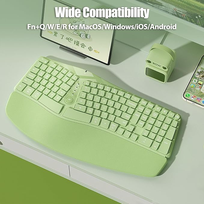 Bow Split Ergonomic Keyboard Wireless with Cushioned Wrist &amp Palm Rest Wireless 2.4G/Bluetooth/Wired USB-C Comfortable Natural Typing Compatible with Windows/Mac/PC/Laptop Matcha Green