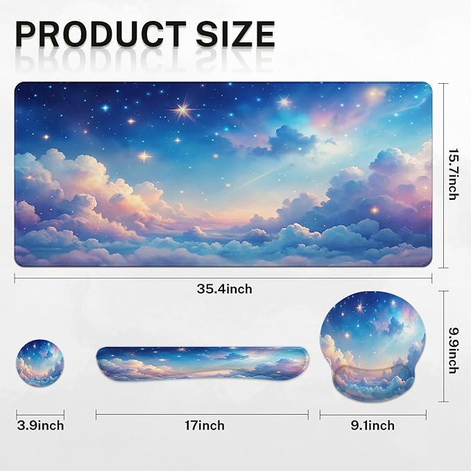 Arttown Starry Sky Desk Mat Cloud Colorful Mouse Pad Set 4 in 1 Beauty Night Sky Ergonomic Design Large Desk Pad + Keyboard Wrist Rest + Mouse Wrist Rest + Coaster Suitable for Home Office Study Game