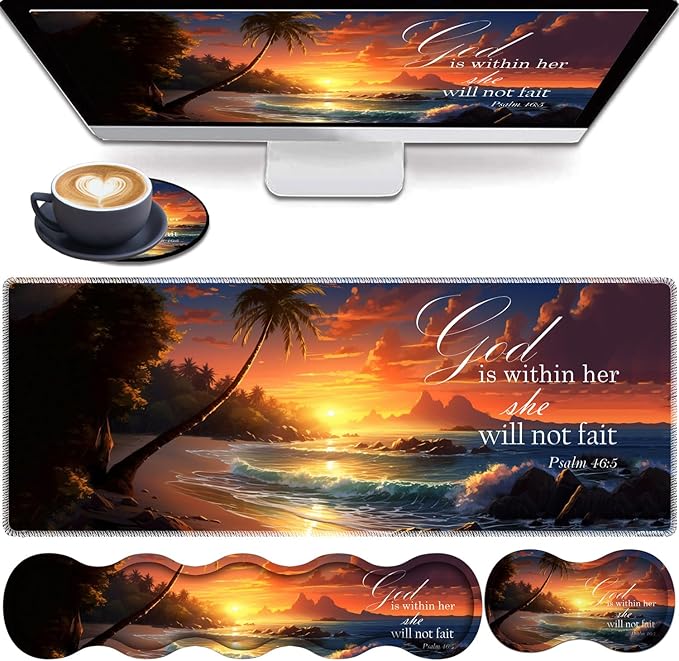 4 in 1 Mouse Pad Combo Large Gaming Mouse Pad + Keyboard Wrist Support + Mouse Wrist Rest + Coaster Table Pad with Stitched Edge Ergonomic Wrist Pad Set Twilight Beach Bible 46:5