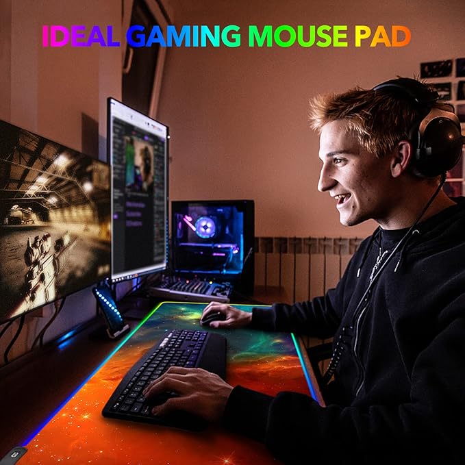AIMSA Large RGB Gaming Mouse Pad Keyboard Mousepad Led Extended 35.4 x 15.8 inch Non-Slip Rubber Base with 14 Lighting Modes Big Desk Mat Waterproof Galaxy Nebula