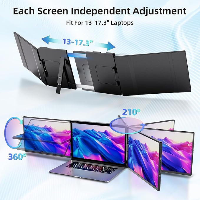 Laptop Screen Extender Monitor Portable - 2.5K Triple Laptop Screen Extender Plug and Play Multiple Screens Extended Fits 13-17.3 Inch Laptops Compatible with Windows Chrome Dex