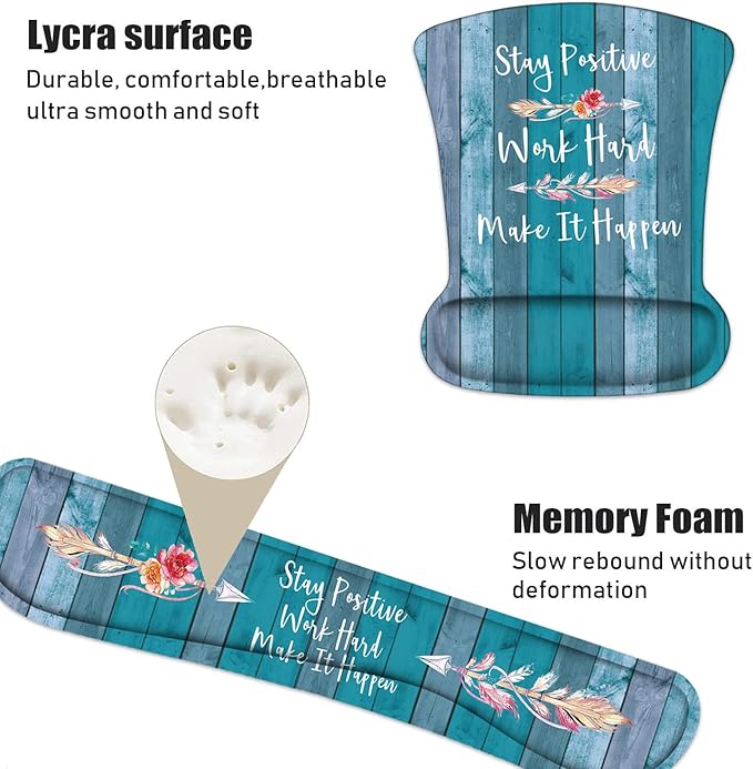 Keyboard Wrist Rest and Mouse Pad Wrist Support Set with Coasters Stay Positive Work Hard and Make It Happen Inspirational Quote Wrist Mouse Pad with Non-Slip PU Base for Home Office Working Studying
