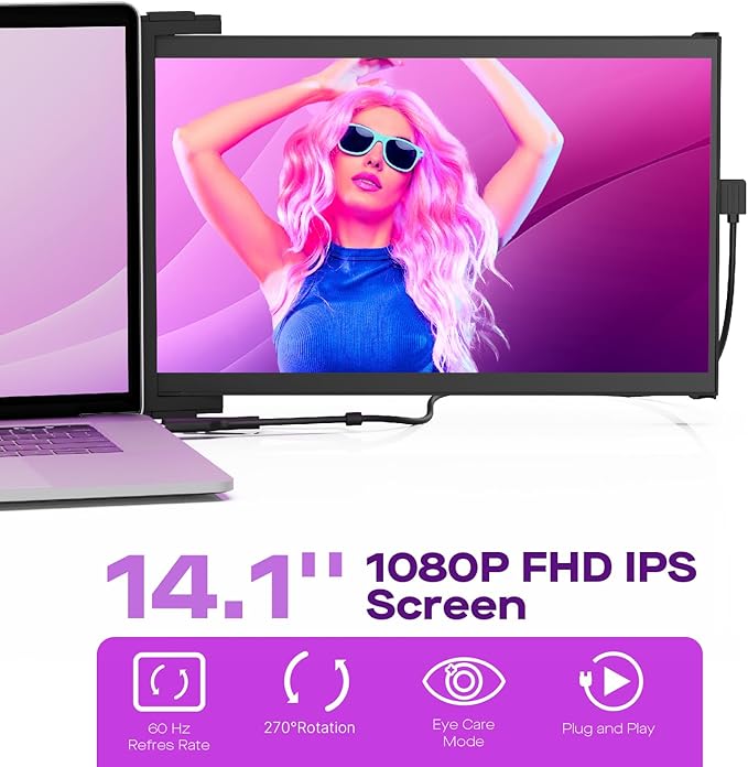 Mobile Pixels Portable Monitor Duex Max DS Laptop Monitor Extender 14.1 Inch 1080P FHD IPS Plug and PlayTravel Monitors Extender for 14''-17 '' Laptops Compatible with Windows/Mac/Android/Switch