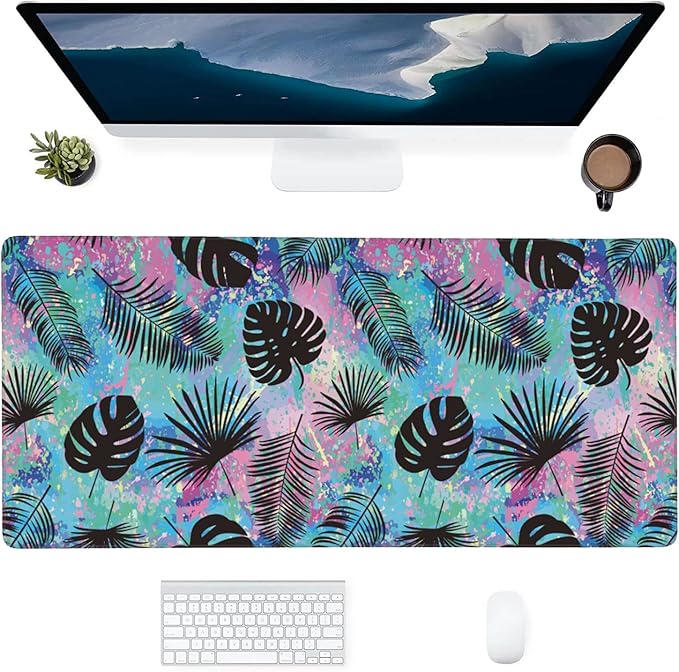 Colorful Palm Leaves Large Mouse Pad Gaming Mousepad with Wrist Support Rubber Computer Keyboard Mat for Desk Laptop Non-Slip Full Deskmat Protector Waterproof Writing Pad Office Home 16x35.5 in