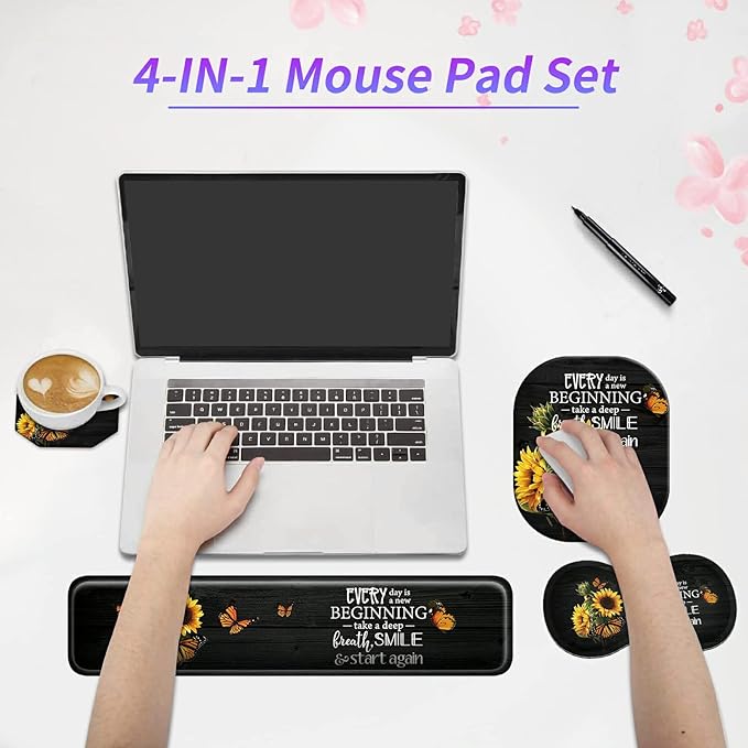 Sunflower Keyboard Wrist Rest Pad + Small Mouse Pad + Wrist Rest Pad + Cup Coaster Set Inspirational Quotes Ergonomic Wrist Rest Support Gel Pad Pain Relief Memory Foam Set for Gaming Office