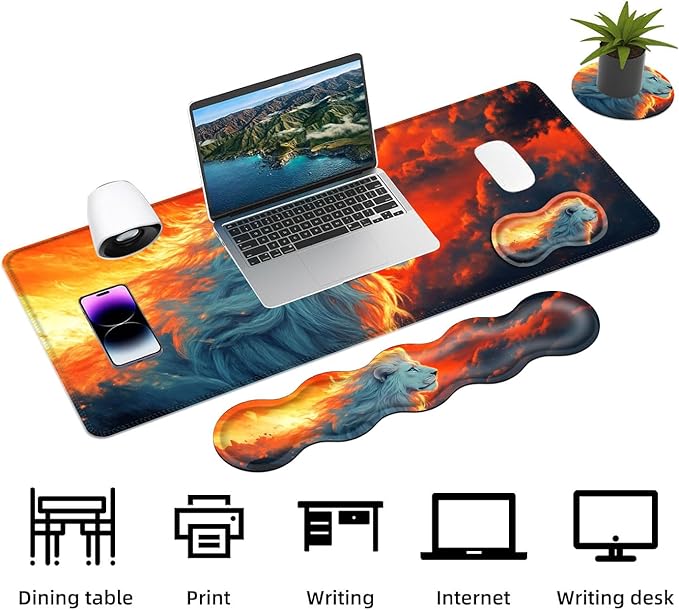 Keyboard Mouse Pad Set Extended Gaming Mouse Pad+Ergonomics Keyboard Wrist Rest Support Memory Foam Easy Typing Pain Relief 4Pcs XL Ultra Thick Desk MatLion Sunset