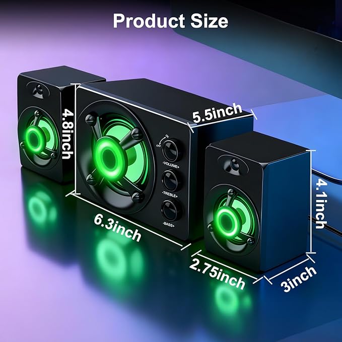 D-208 Computer Speakers with Subwoofer 2.1 Hi-Fi PC Speakers System with RGB Lighting  Enhanced Bass Plug and Play USB/USB-C Powered and 3.5mm Aux in for Desktop Monitor Laptop Tablet (Black)