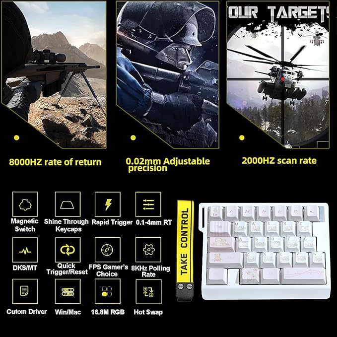 HE30 Rapid Trigger Gaming KeyboardOne-Handed Magnetic Switch Hall Effect RGB HotSwap Custom Mechanical Keyboard Adjustable Actuation8kHz Polling Rate Mini Macro Gasket Keypad (White-Bear)