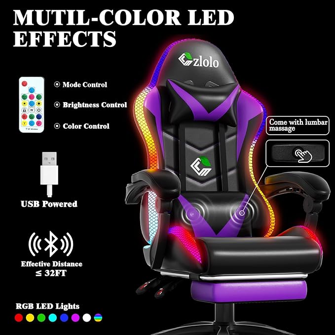 Gaming Chair RGB LED Lights Computer Chair with Footrest Lumbar Support Massager Gamer Chair High Back 90-135° Reclining Linkage Armrests Purple